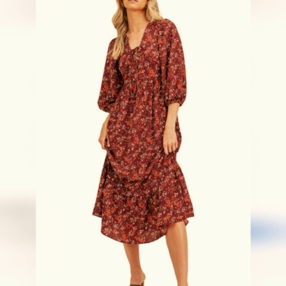 Lush Burgundy V-Neck Tiered Dress With Bishop Sleeves. Floral. Cottagecore.